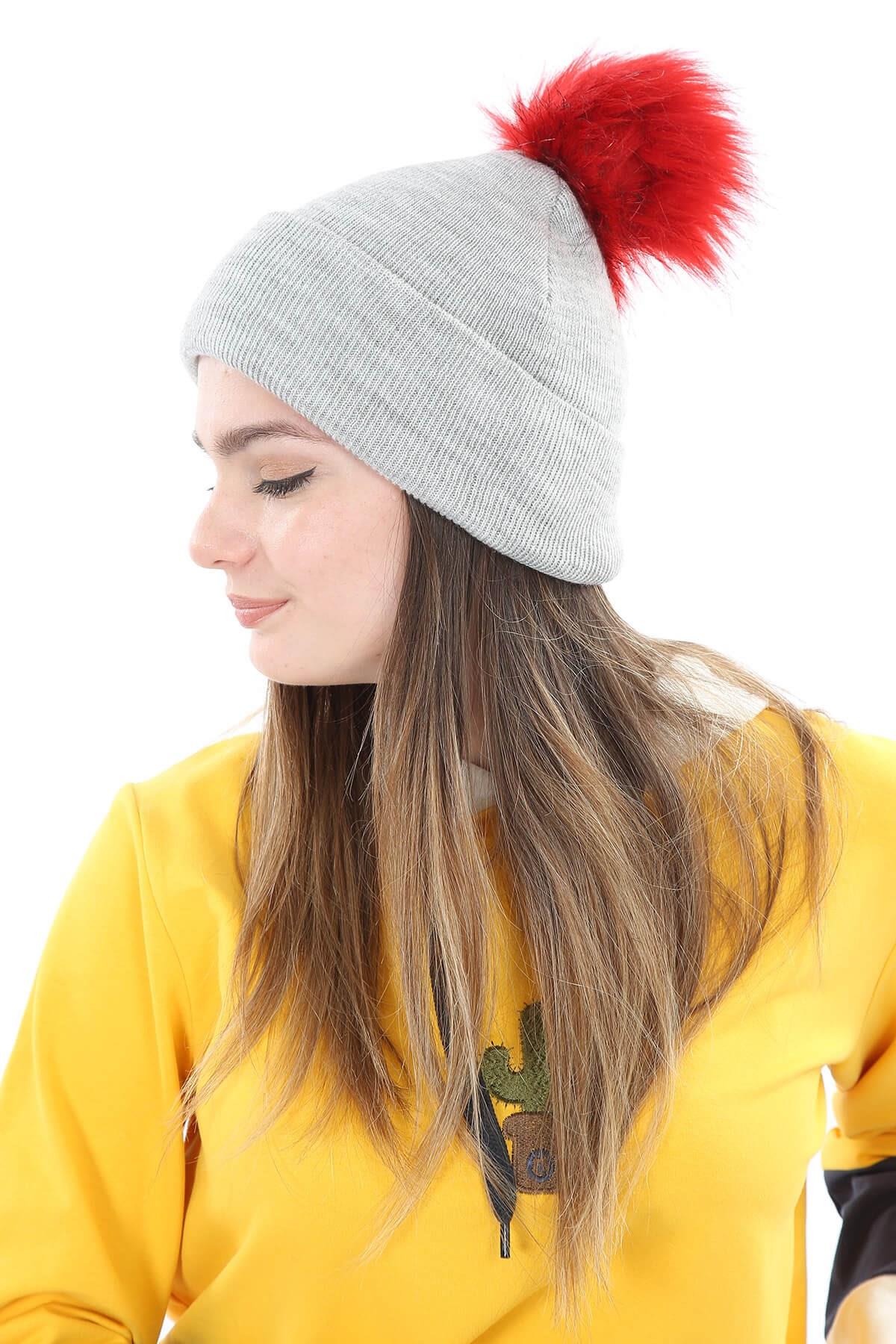 Sofia Katlamalı Ponponlu Bere Gri