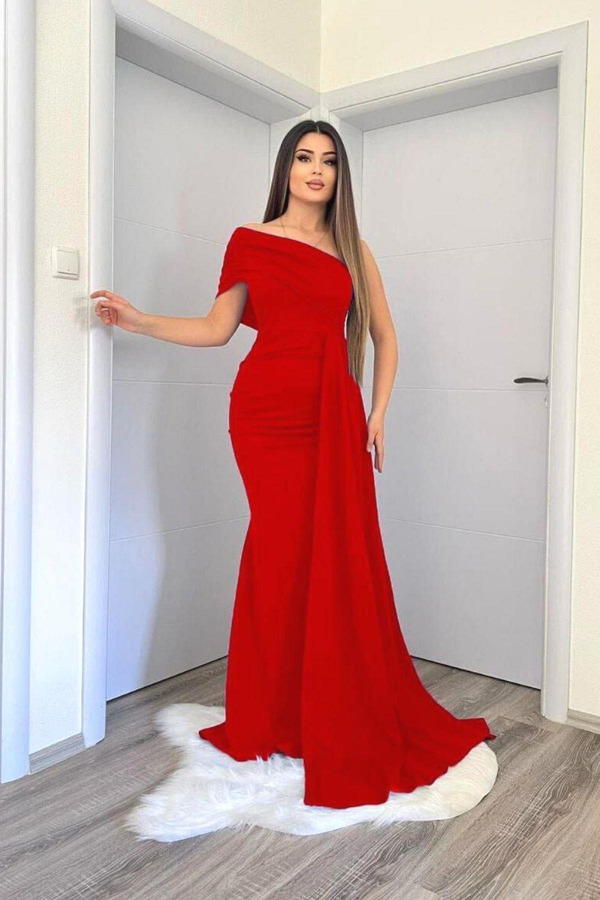 Straplez Tek Omuz Abiye Elbise Kırmızı