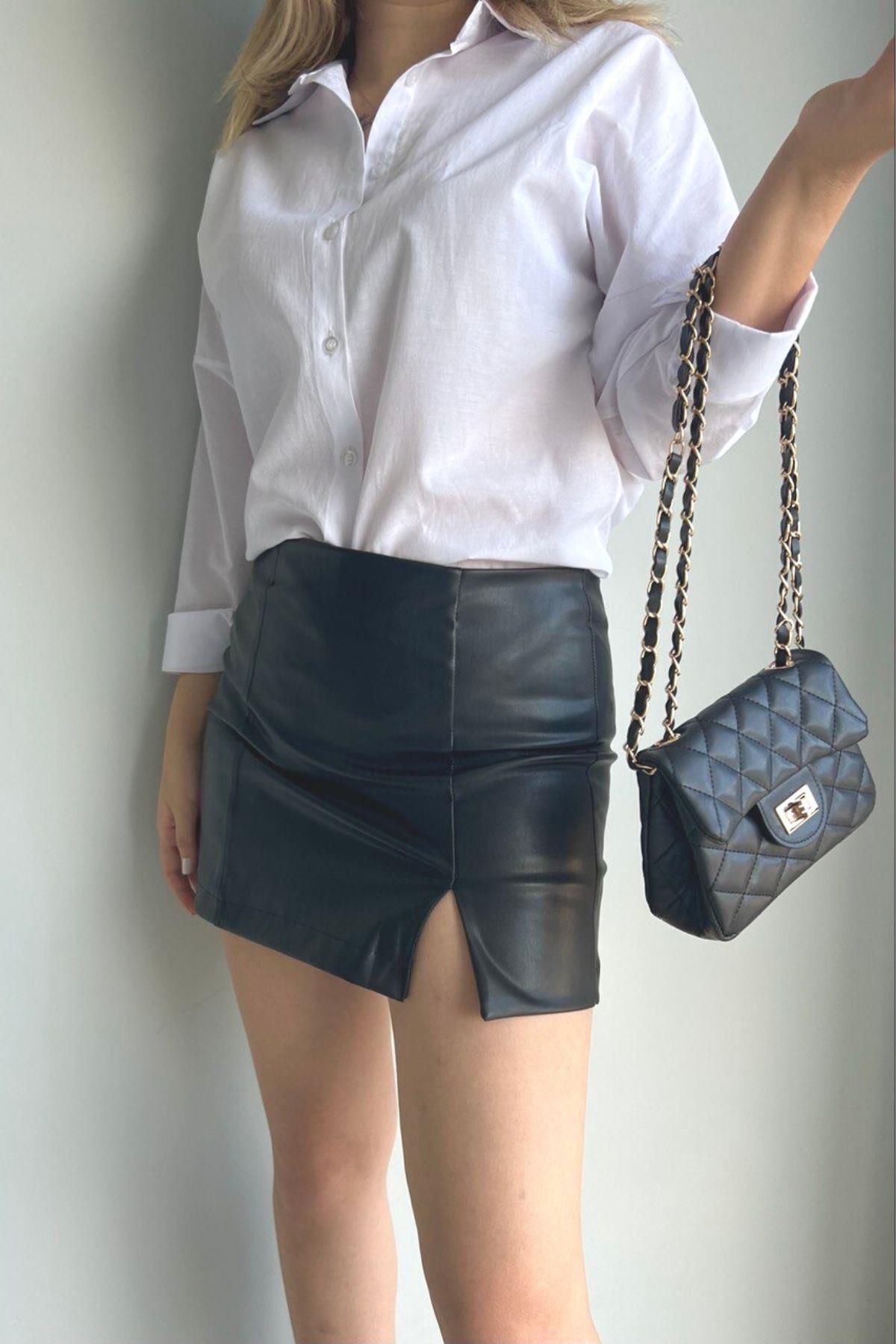 Suni Deri Şort Etek Siyah