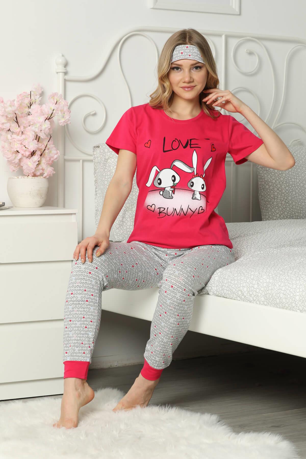 Tavşan Baskılı Kısa Kol Pijama Takım Nar