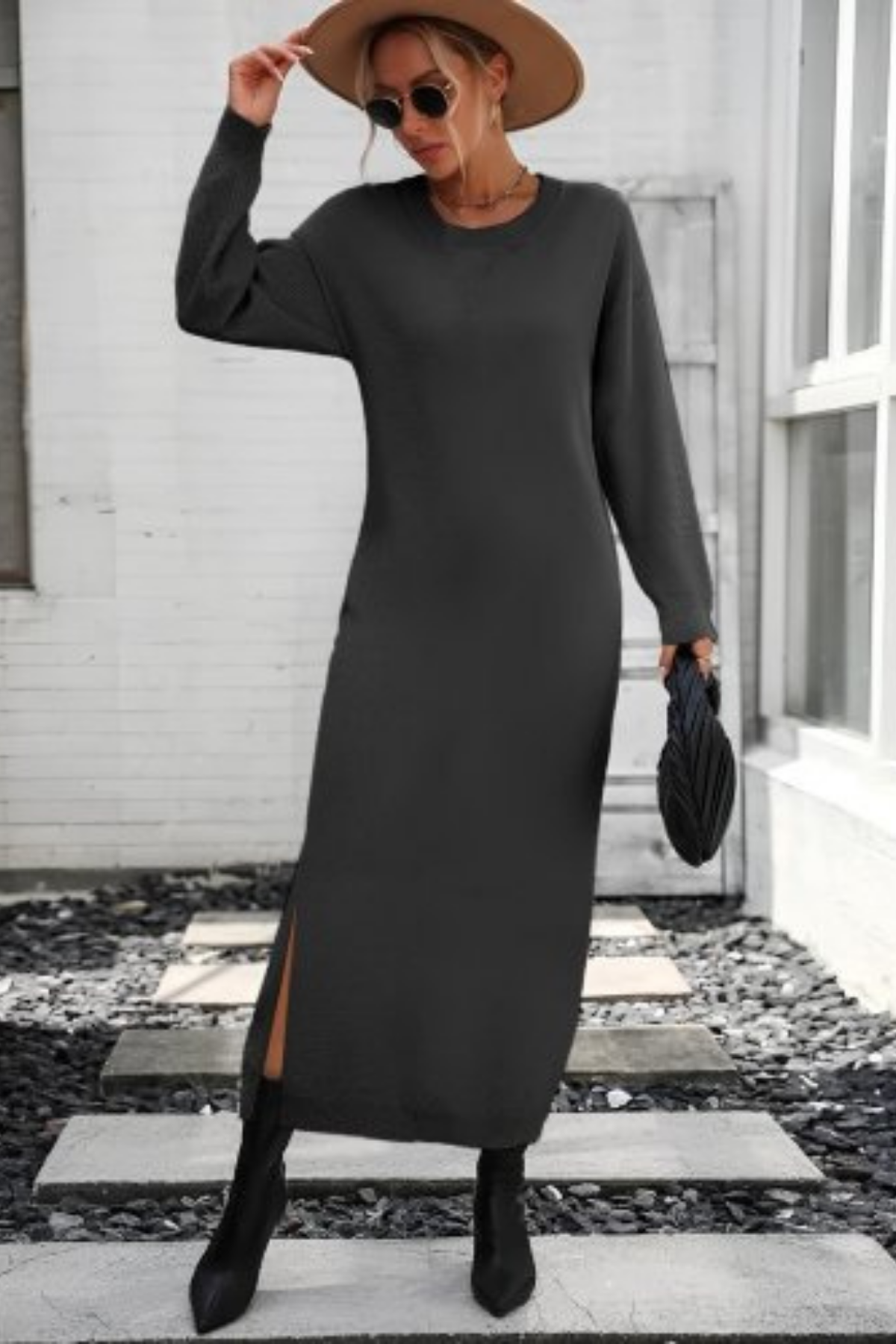 Uzun Kollu Bisiklet Yaka Yırtmaç Detay Triko Midi Boy Elbise