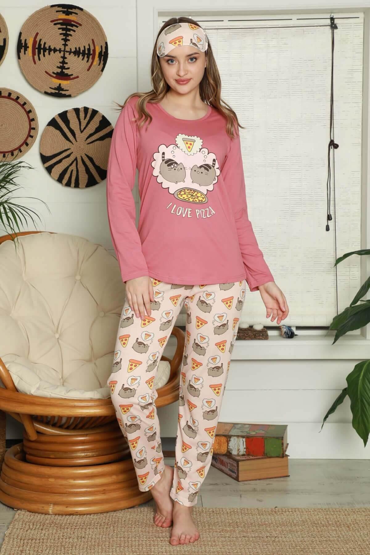 Uzun Kollu Kedi Detaylı Pijama Takımı
