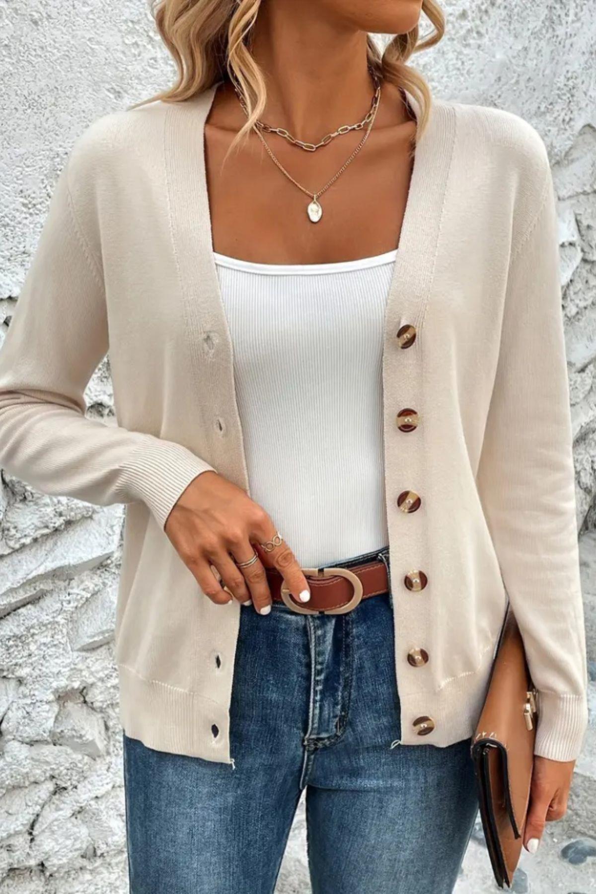 Uzun Kollu Önü Düğmeli Hırka Krem