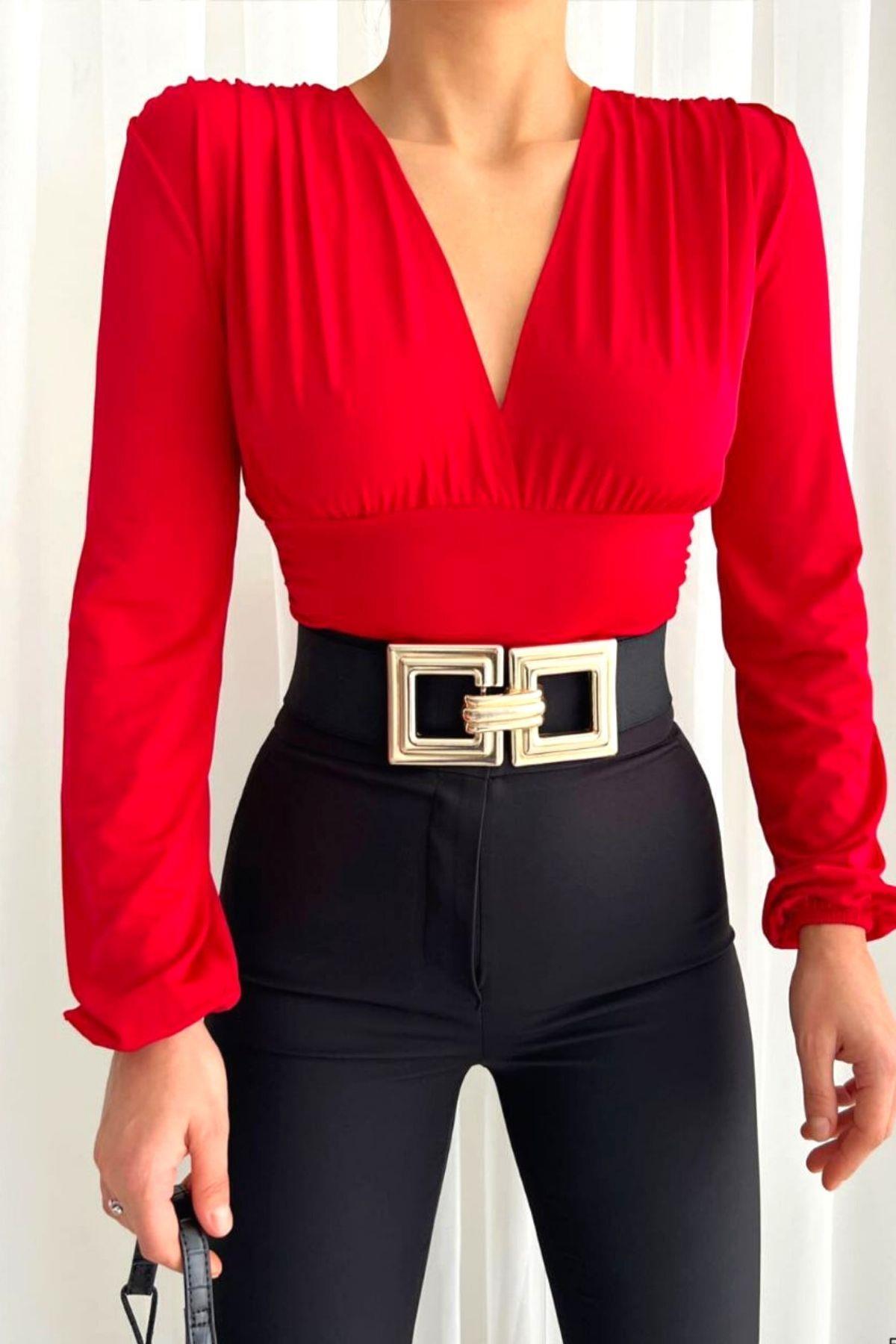 Uzun Kollu Sandy Crop Bluz Kırmızı