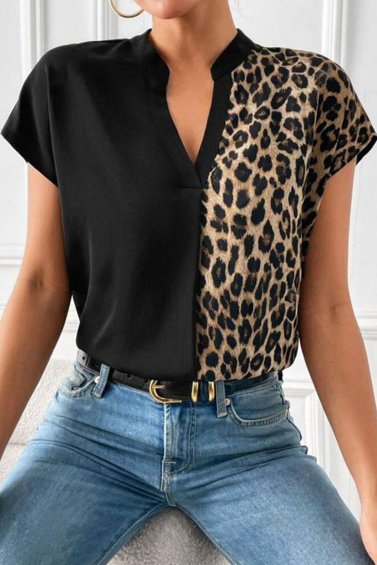 V Yaka Leopar Garnili Moskrep Kumaş Bluz Siyah-Leopar