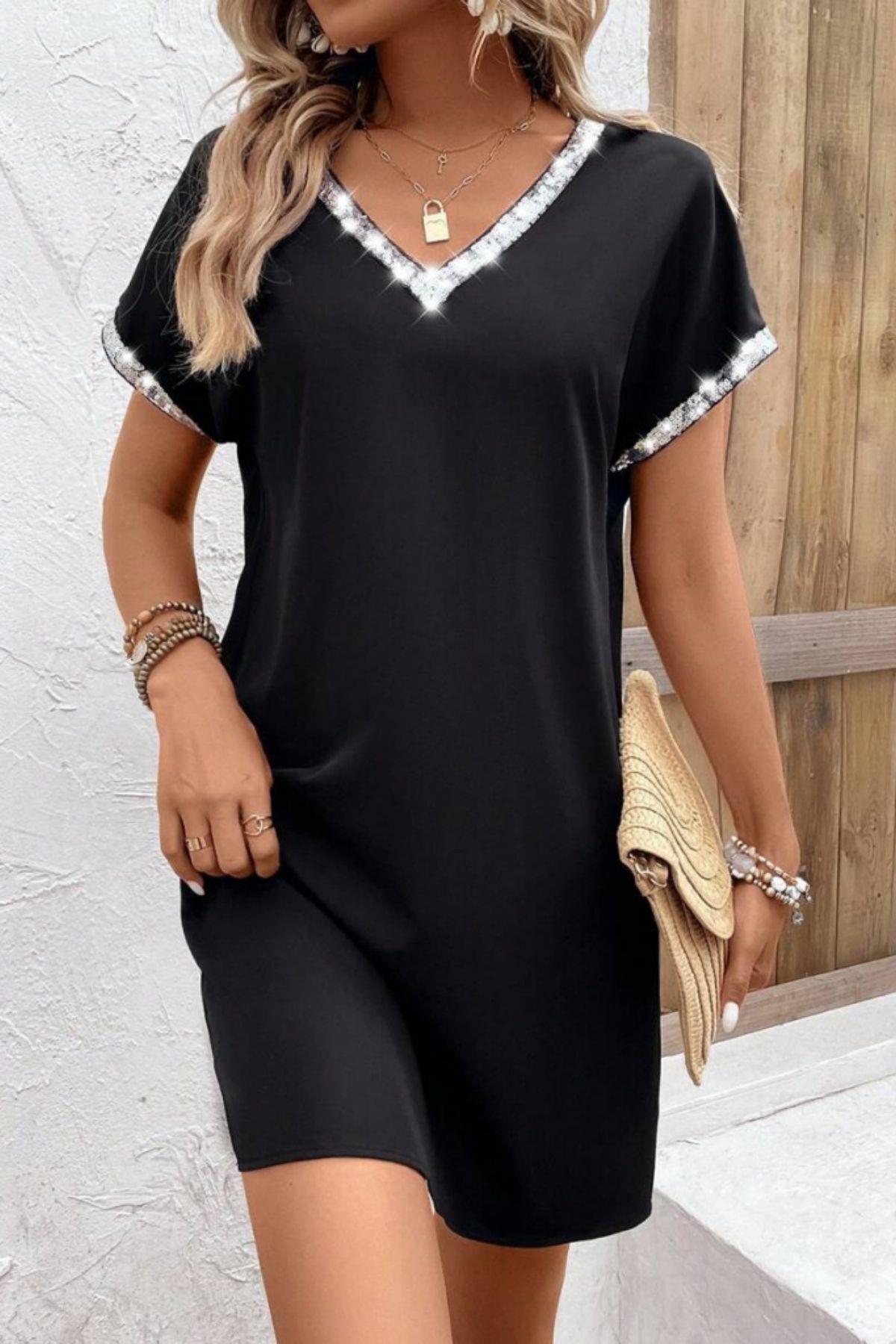V Yaka Payet Detay Mini Elbise Siyah