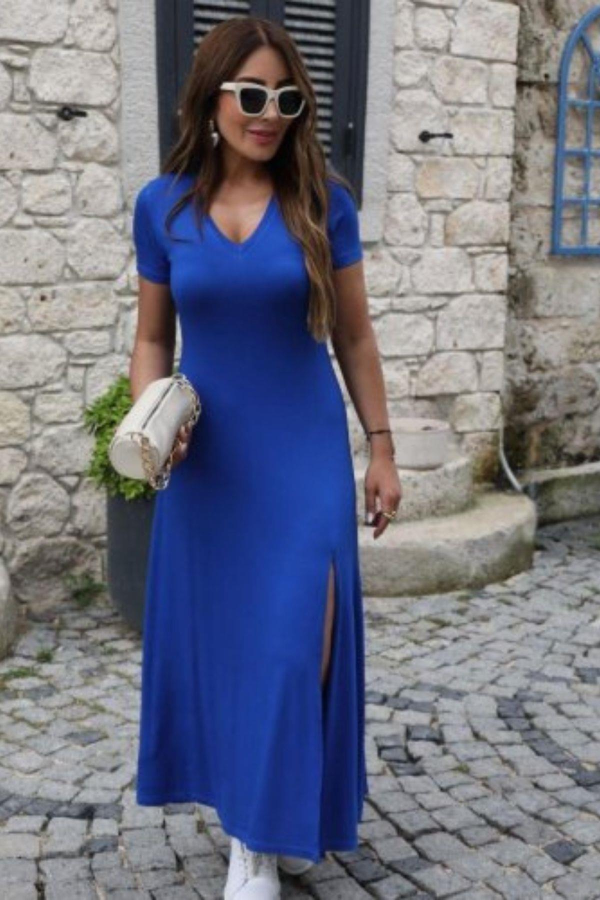 V Yaka Yırtmaçlı Basic Elbise Saks