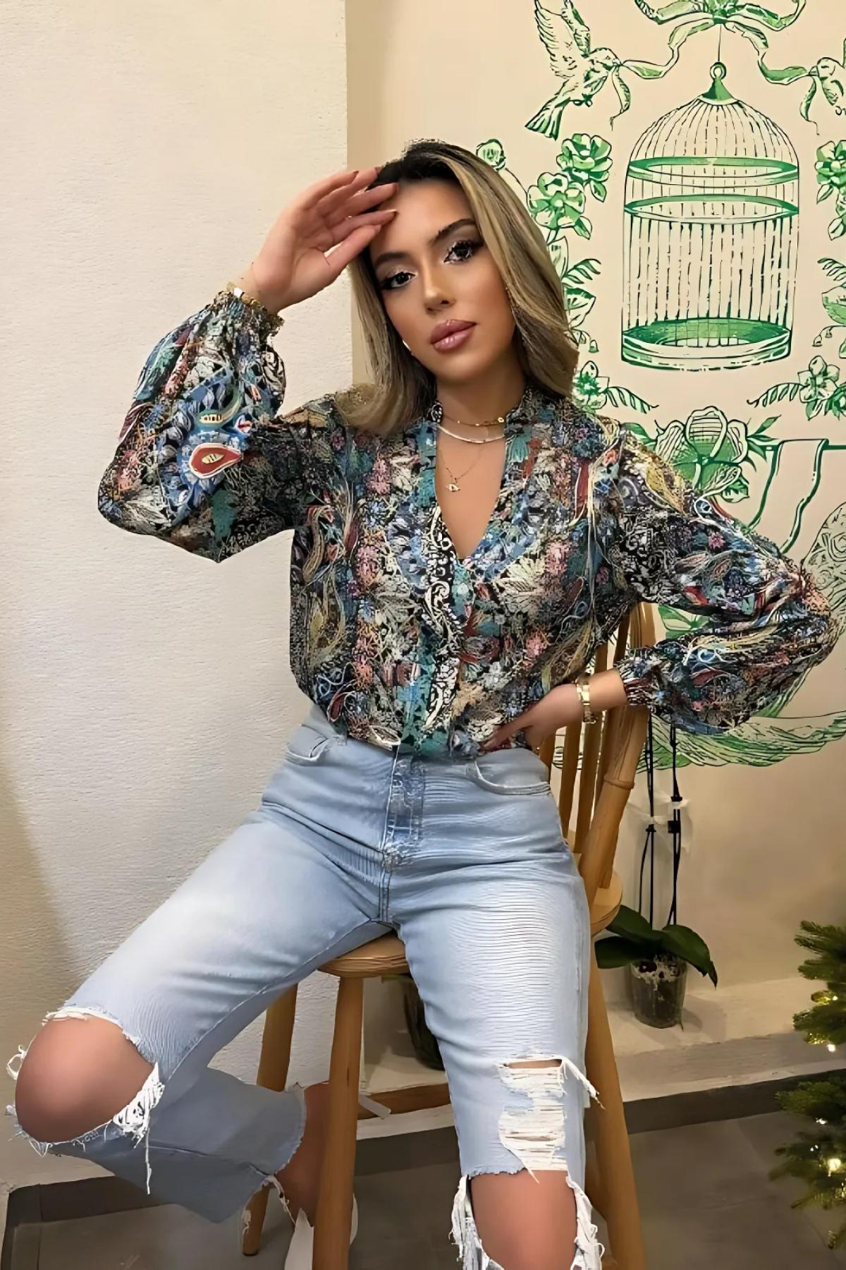 V Yakalı Salaş Süprem Bluz Desenli