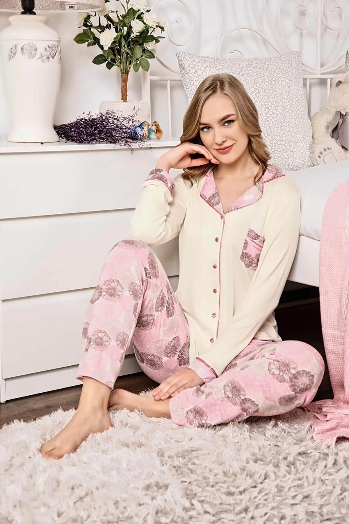 Viskon Düğmeli Pijama Takımı Pembe