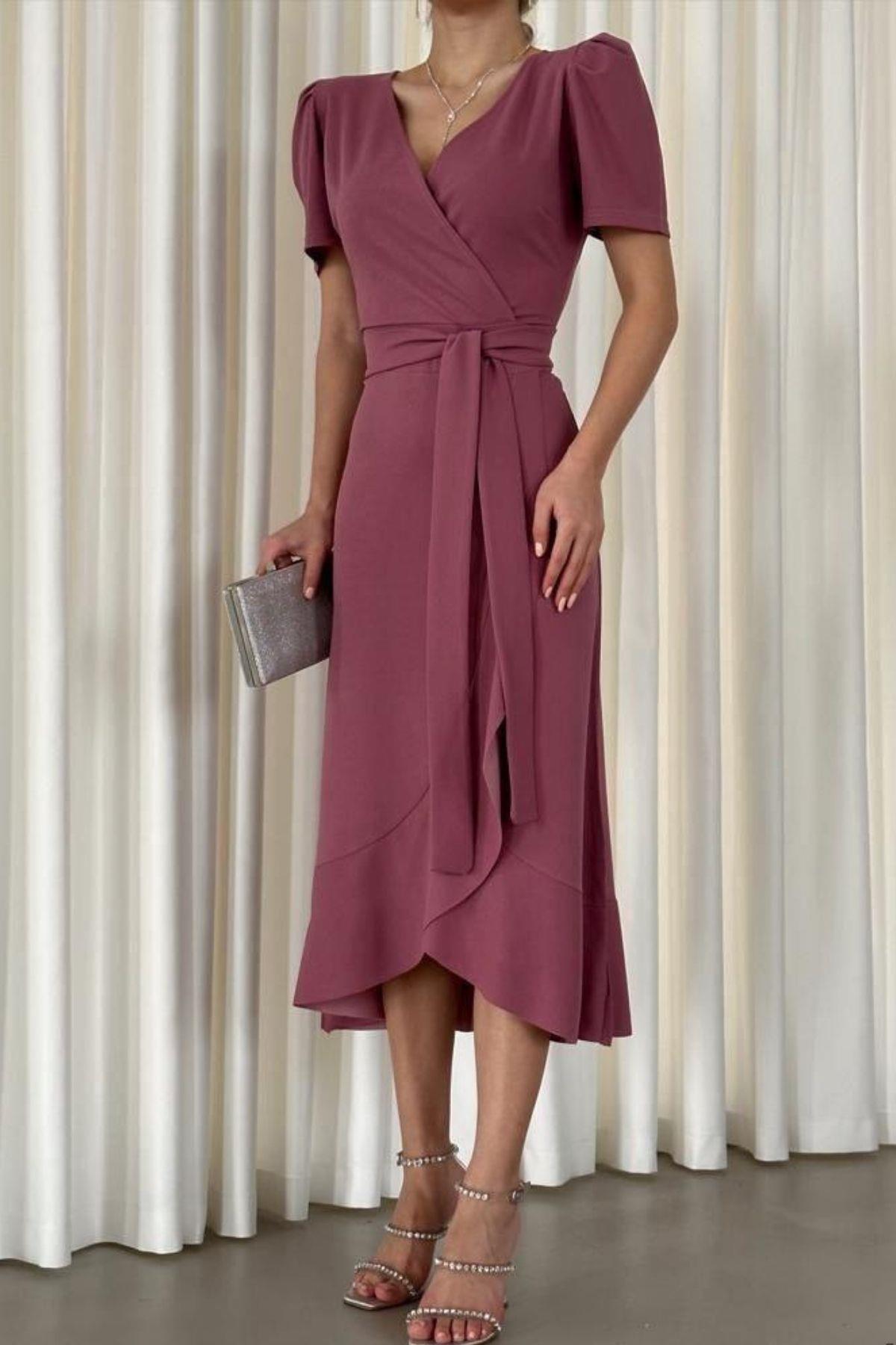 Volanlı Kuşaklı Kruvaze Yaka Midi Elbise Gül Kurusu 581811