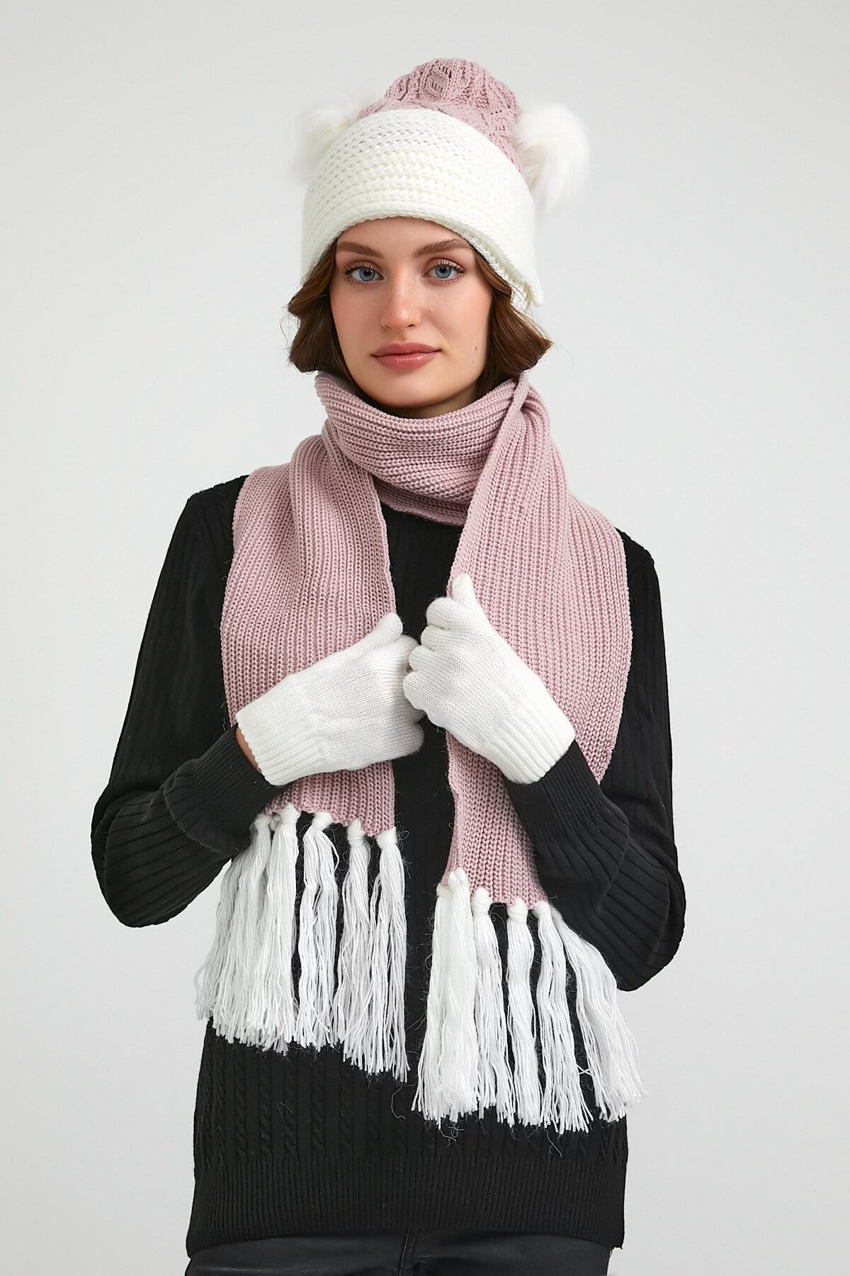 Wavy-line Çift Ponponlu Kadın Atkı Bere Eldiven Takımı