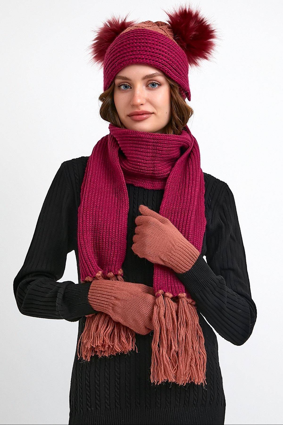 Wavy-line Çift Ponponlu Kadın Atkı Bere Eldiven Takımı