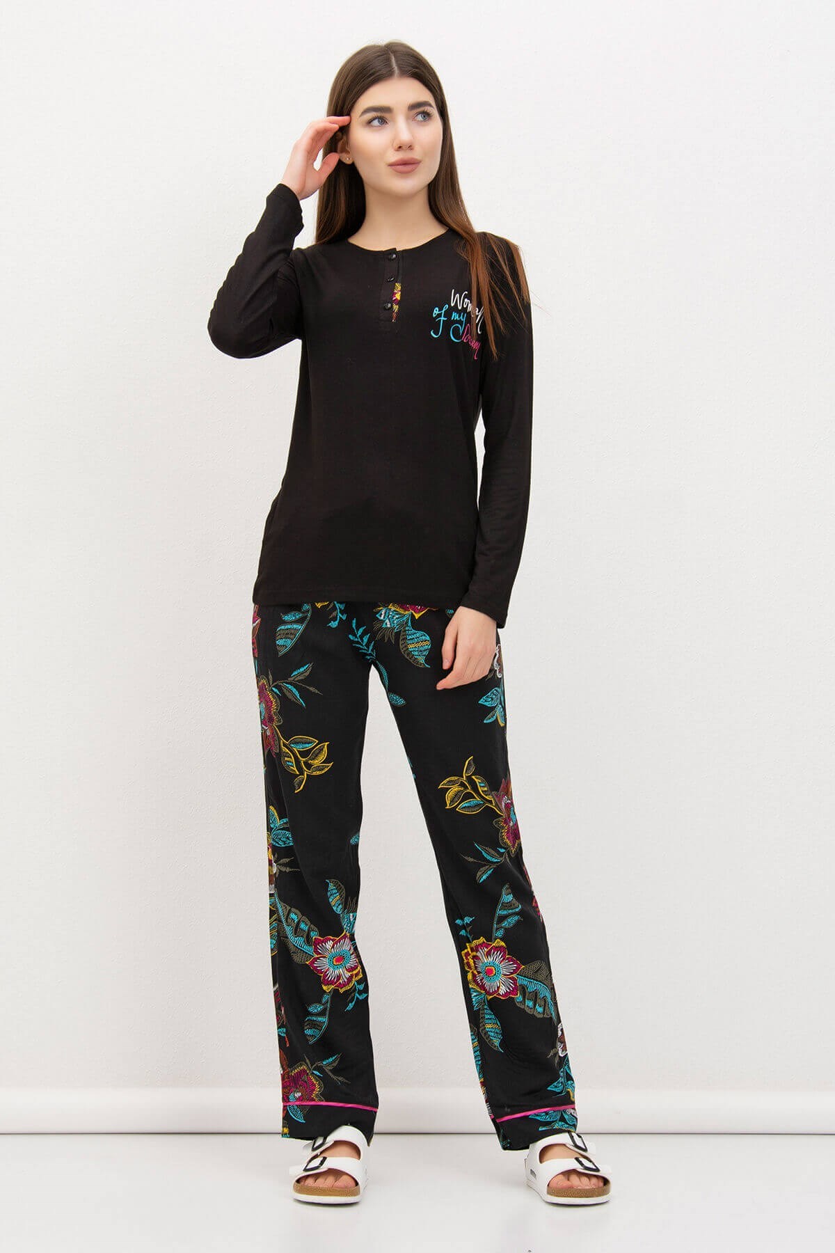 Yaka Düğmeli Viskon Kadın Pijama Takımı