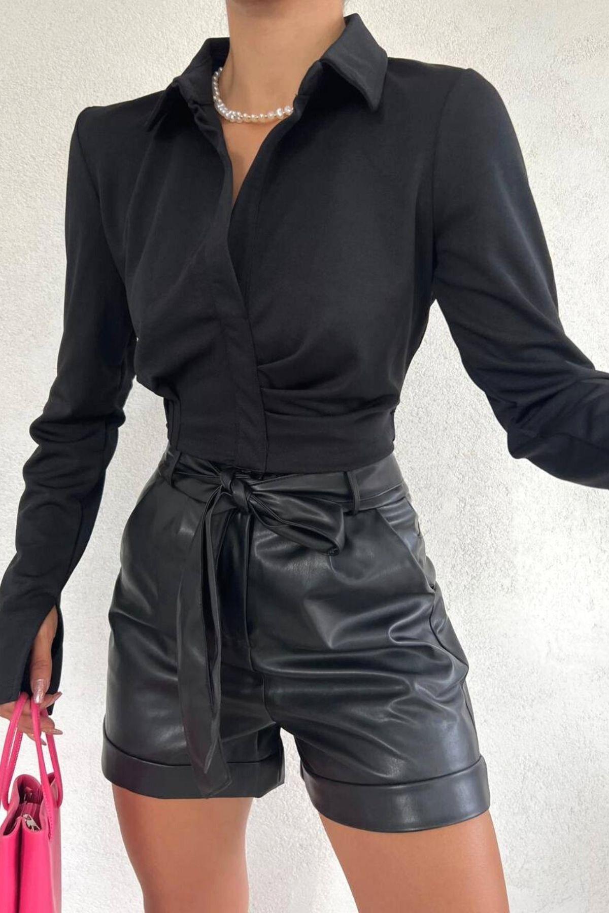 Yakalı Crop Bluz Siyah
