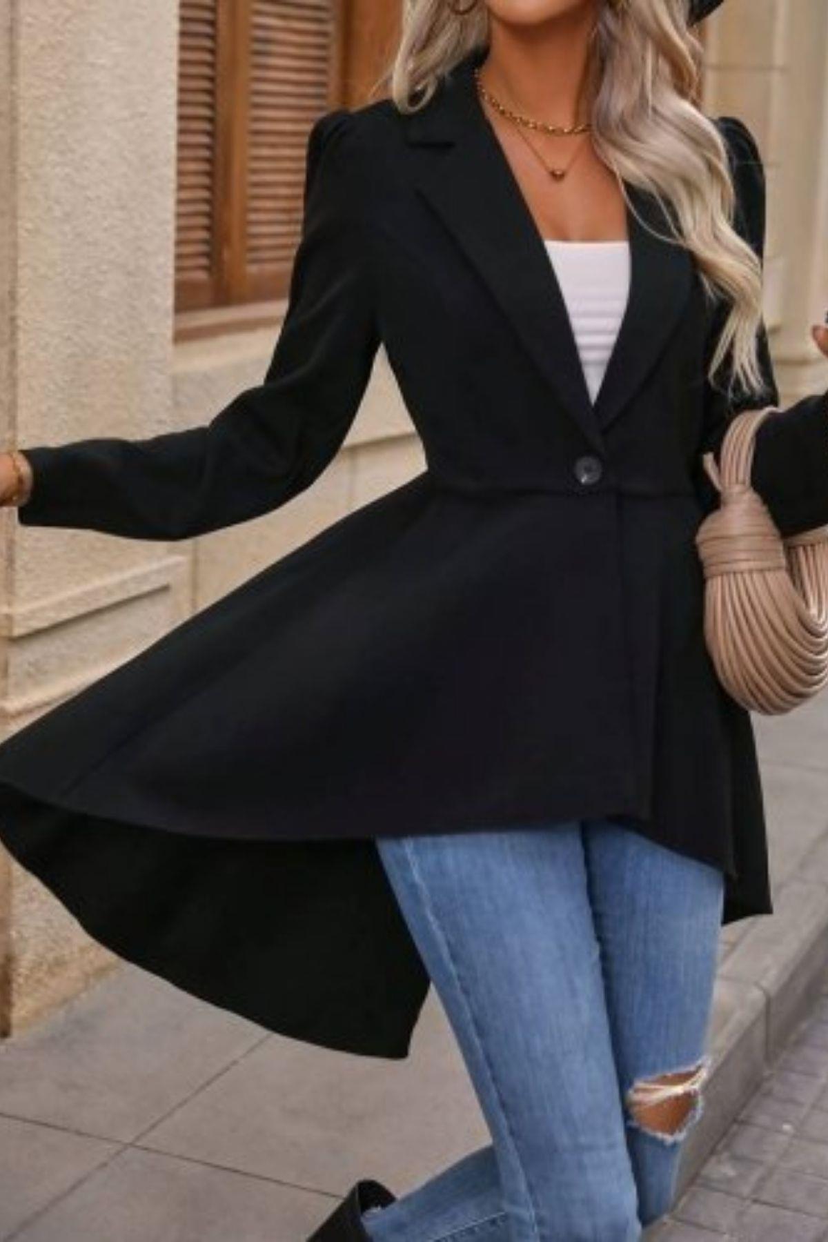 Yakalı Önden Düğmeli Uzun Atlas Blazer Ceket Siyah