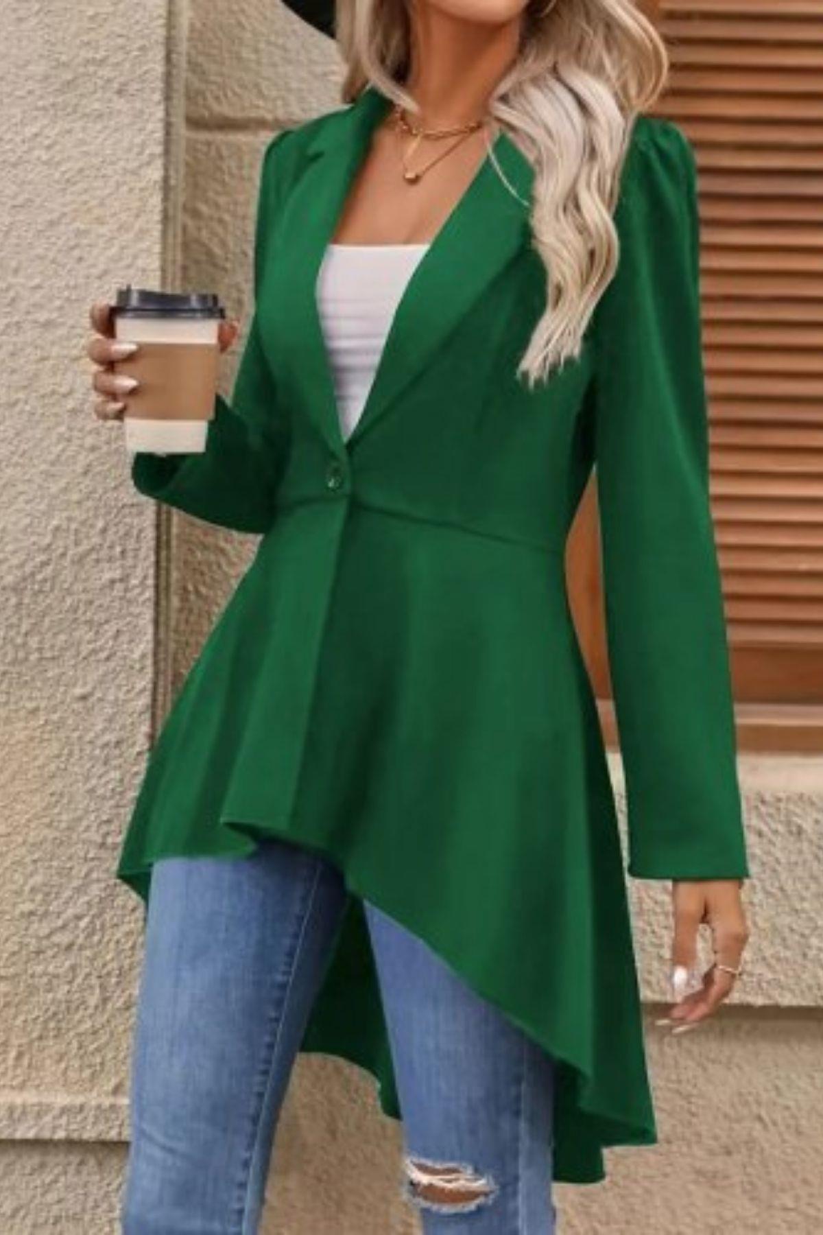 Yakalı Önden Düğmeli Uzun Atlas Blazer Ceket Yeşil
