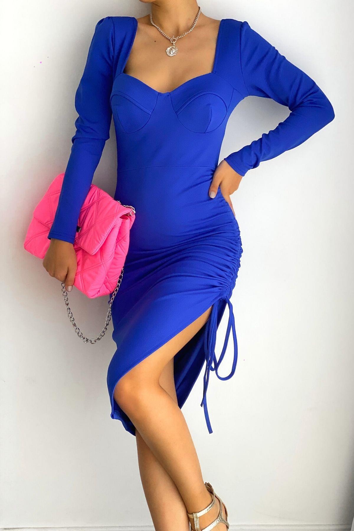 Yan Büzgülü Kare Yaka Krep Elbise Saks