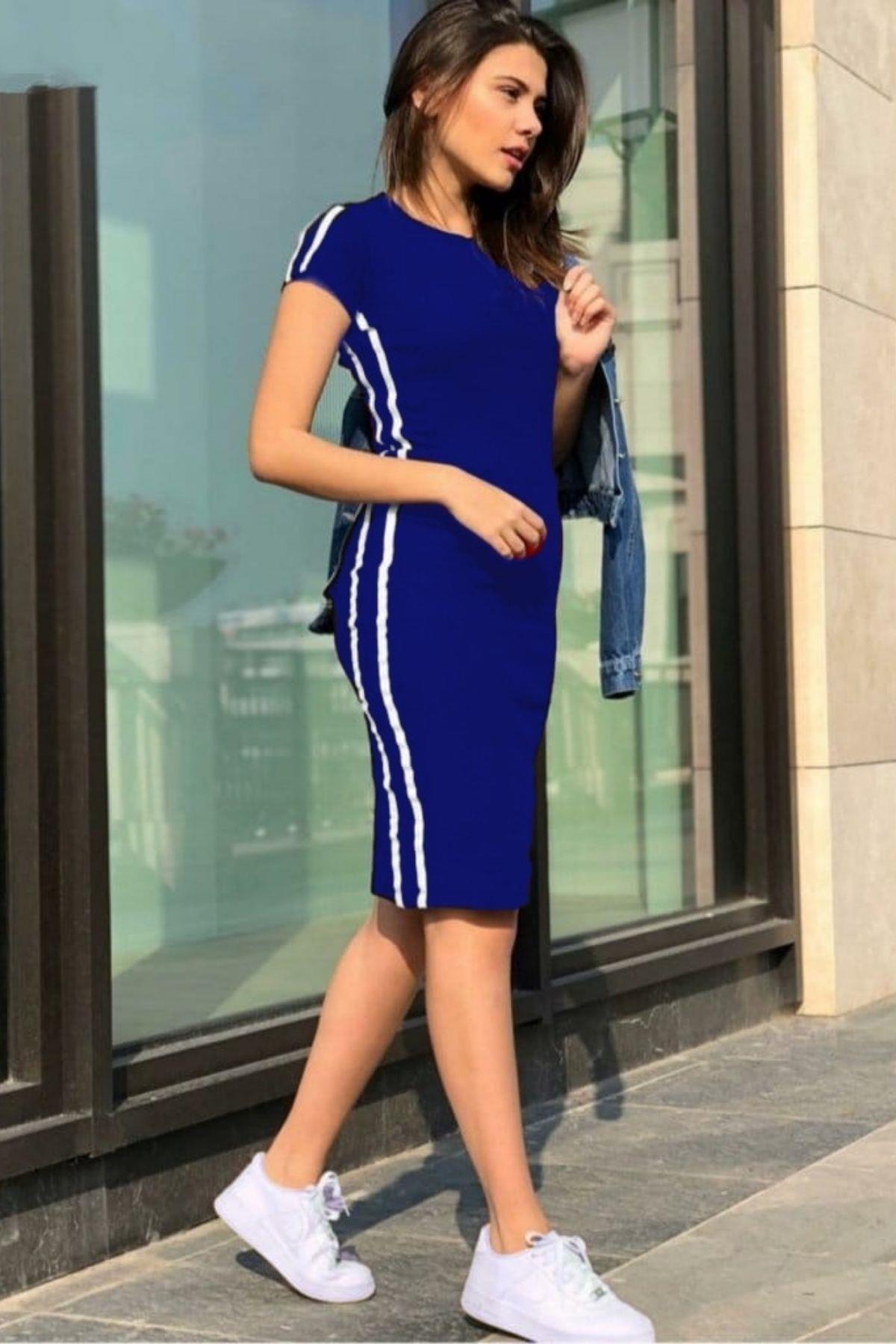 Yanları Şeritli Kaşkorse Elbise Saks