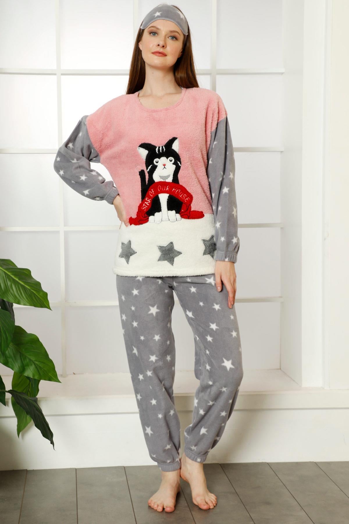 Yıldızlı Manşetli Kadın Polar Pijama Takımı