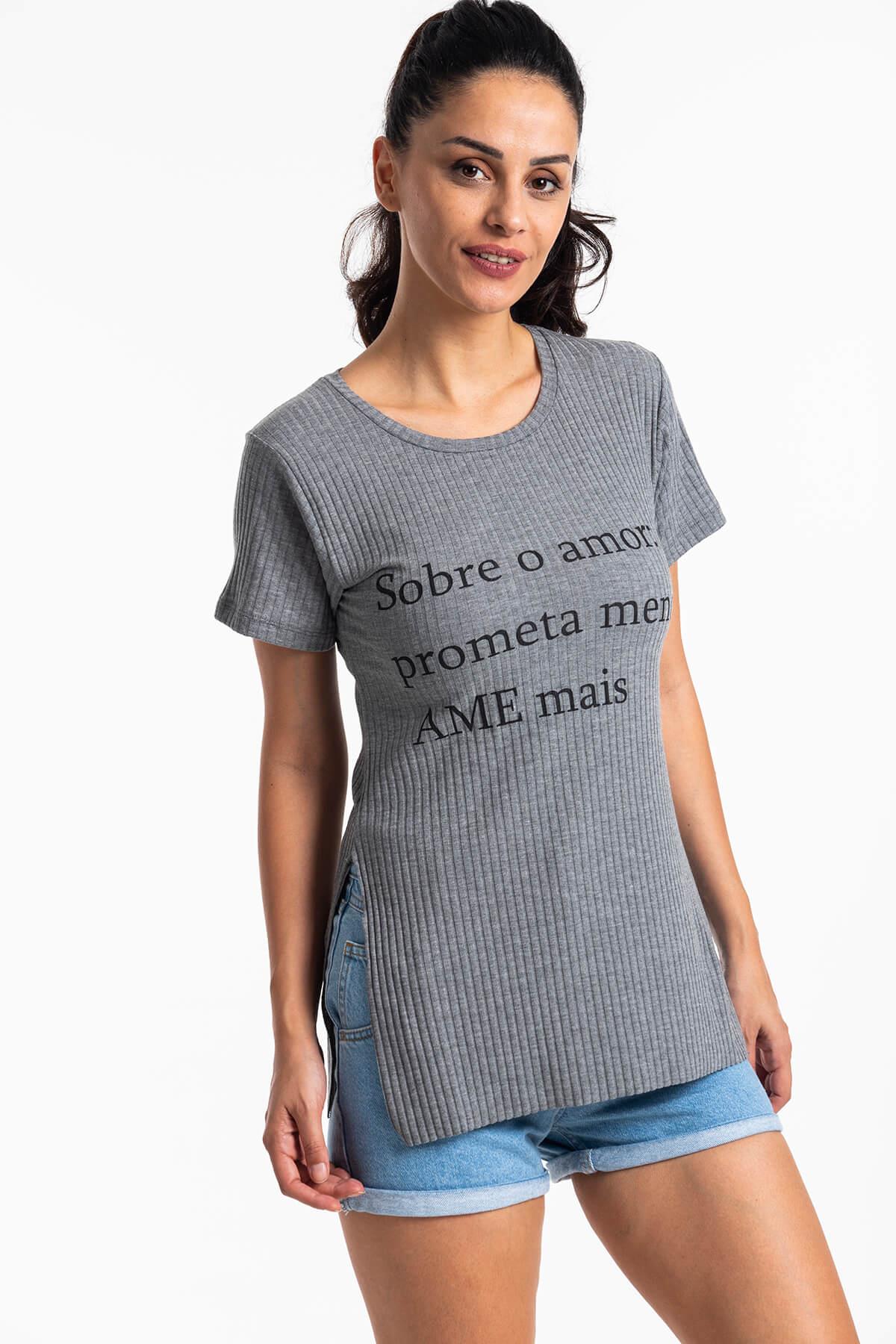 Yırtmaçlı Kaşkorse T-Shirt Gri