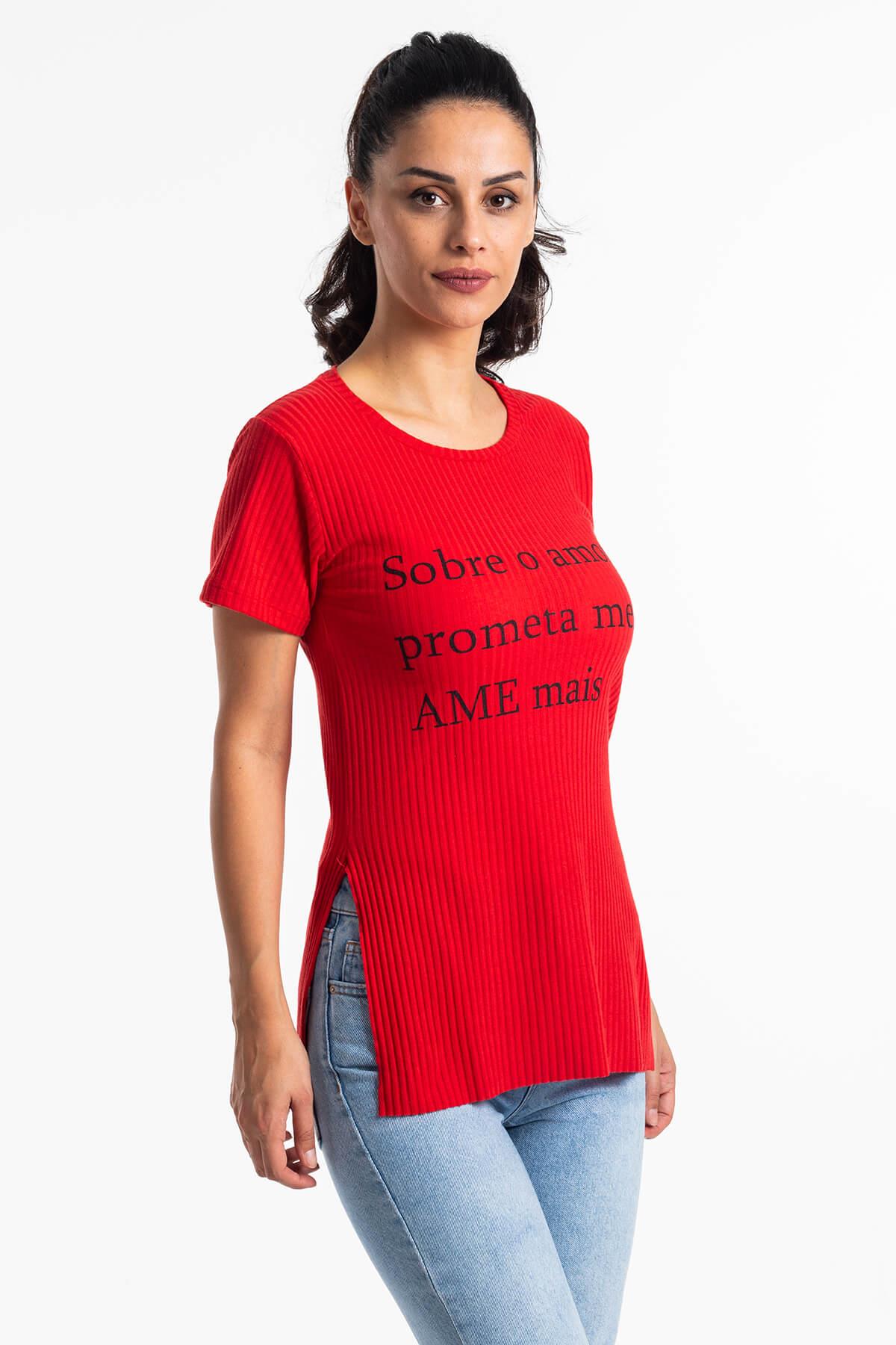 Yırtmaçlı Kaşkorse T-Shirt Kırmızı