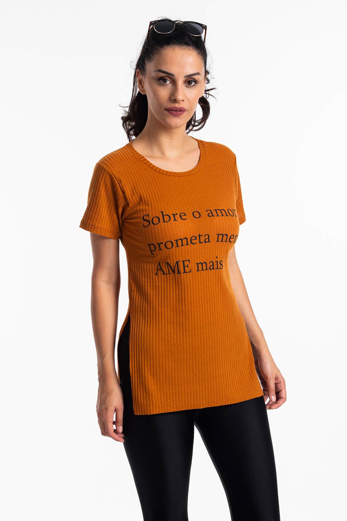 Yırtmaçlı Kaşkorse T-Shirt Taba