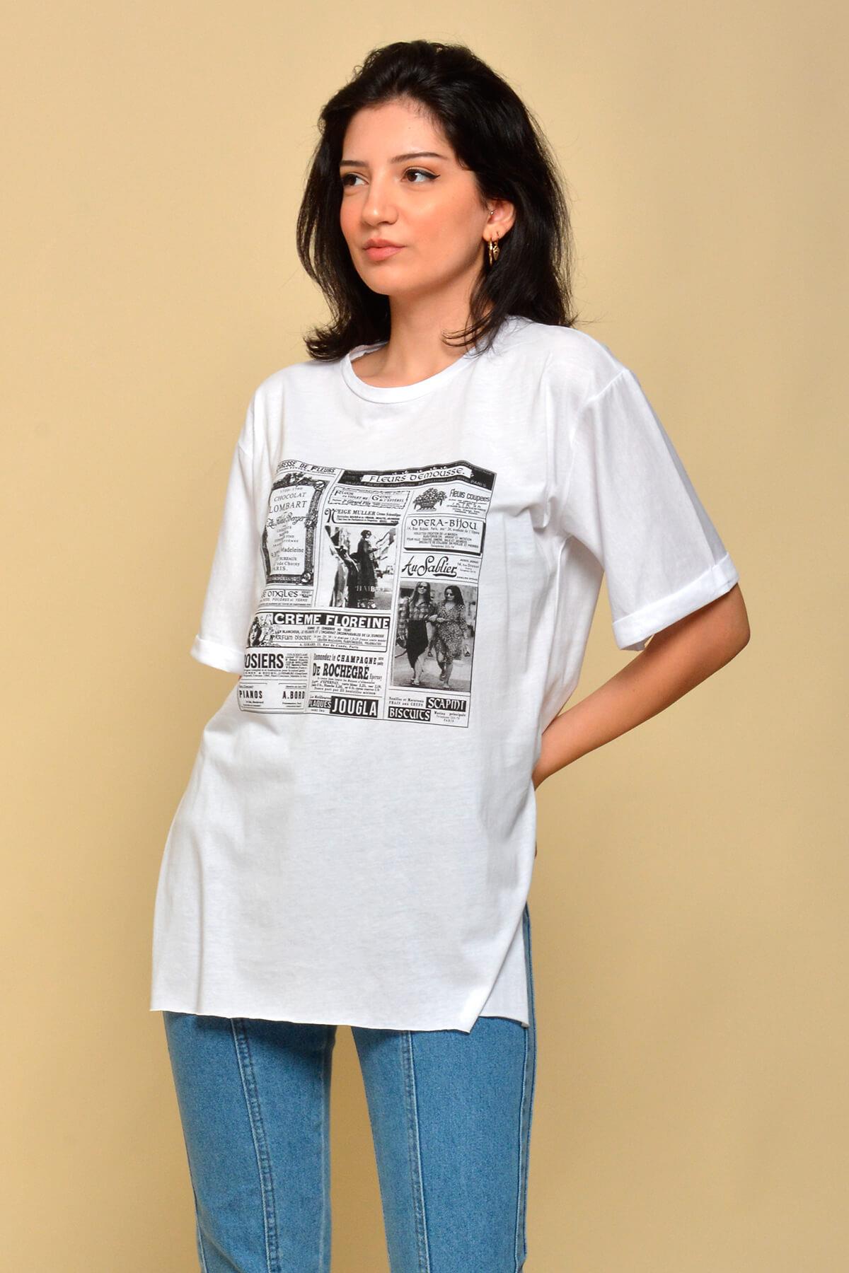 Yırtmaçlı Salaş T-Shirt Beyaz