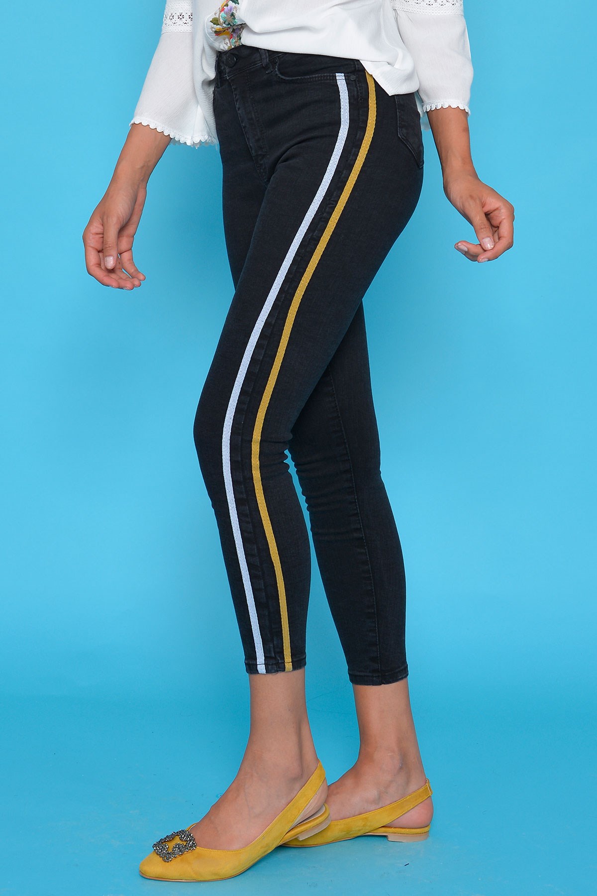 Yüksek Bel Çift Şerit Jean