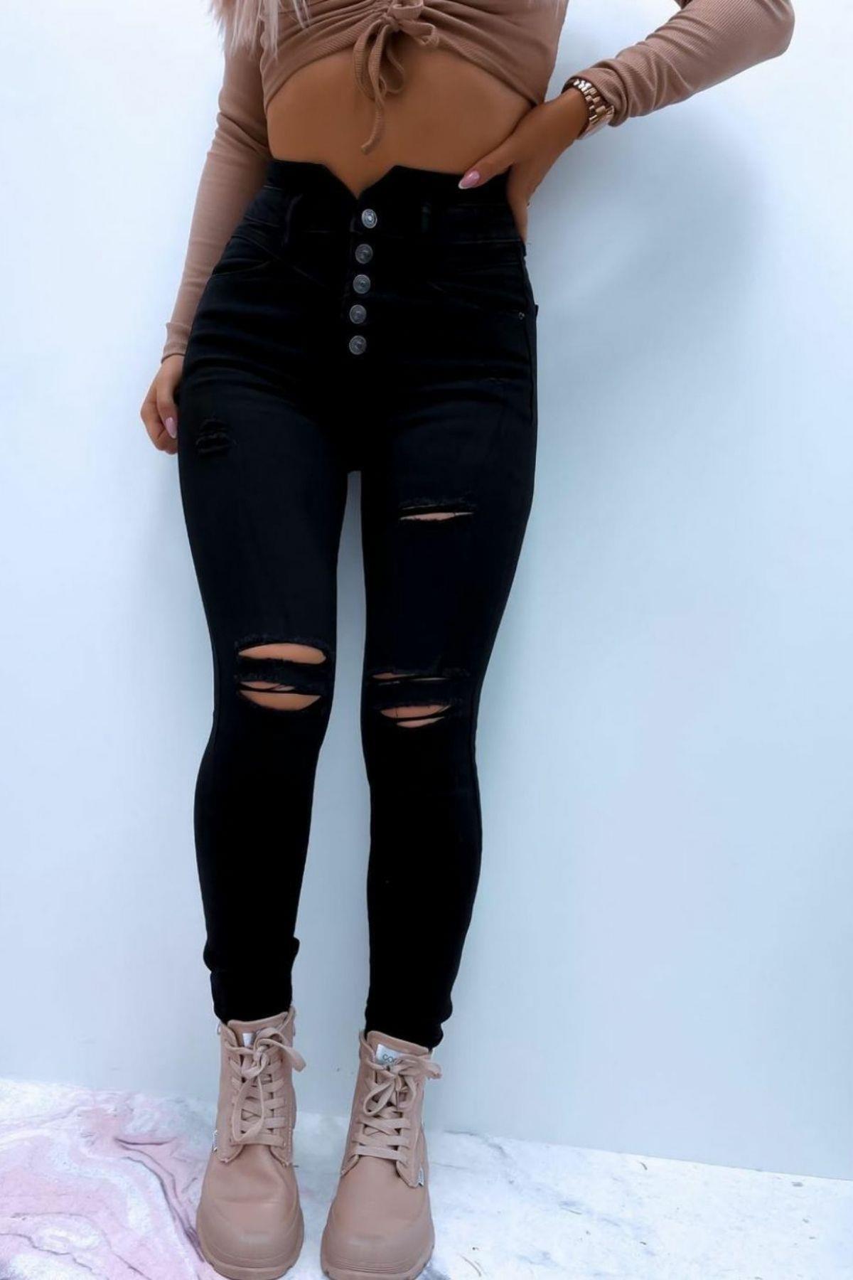 Yüksek Bel Düğme Ve Yırtık Detaylı Kot Pantolon Jean
