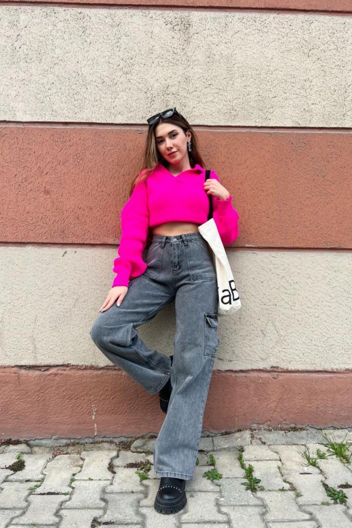Yüksek Bel Kargo Cepli Jean Pantolon Gri