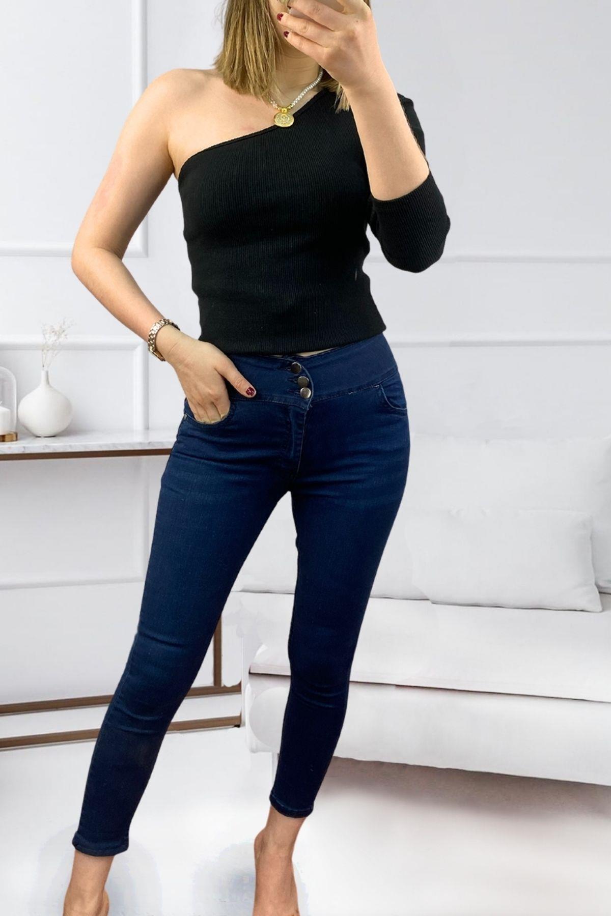 Yüksek Bel Likralı Jean Pantolon