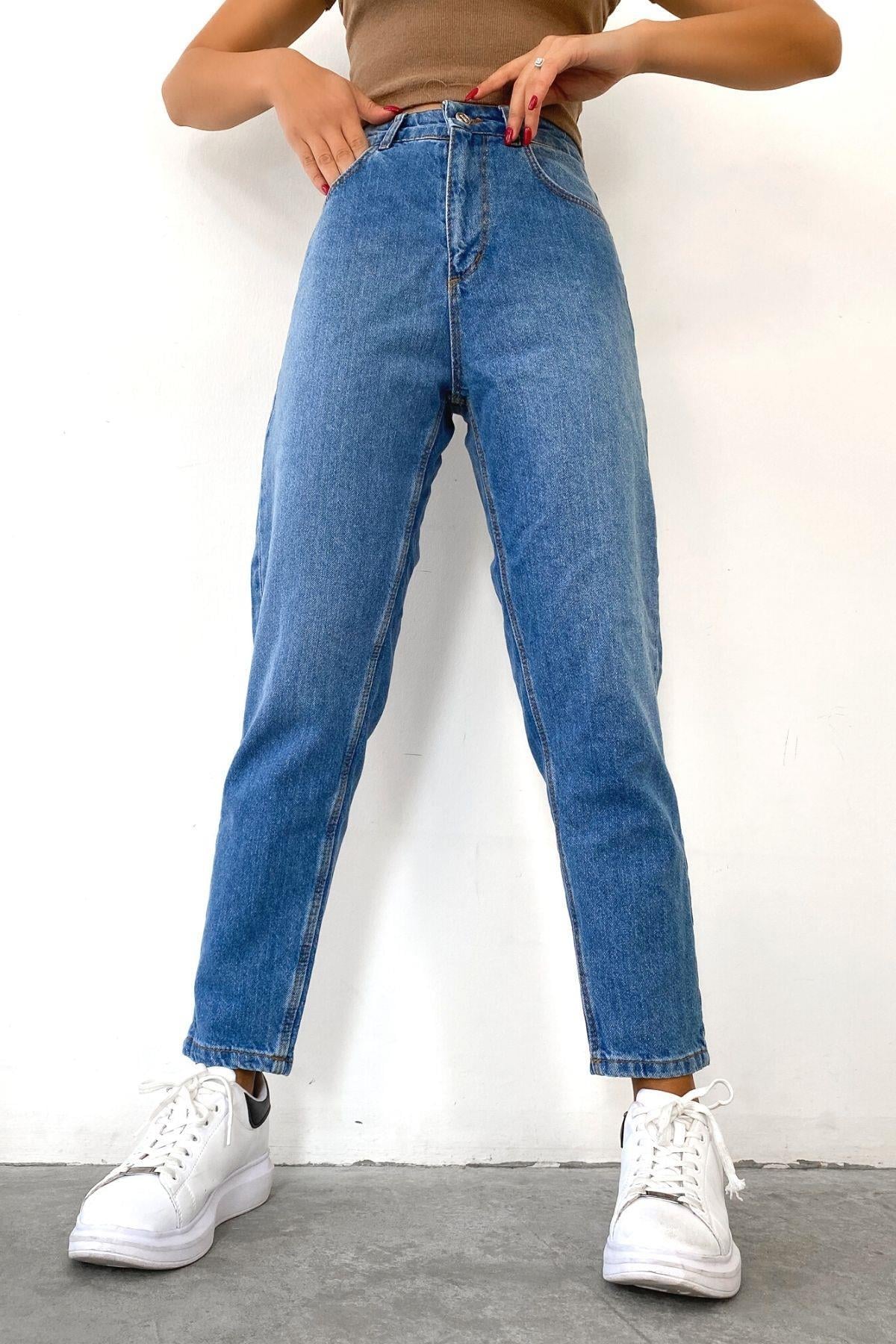 Yüksek Bel Mom Jeans Mavi