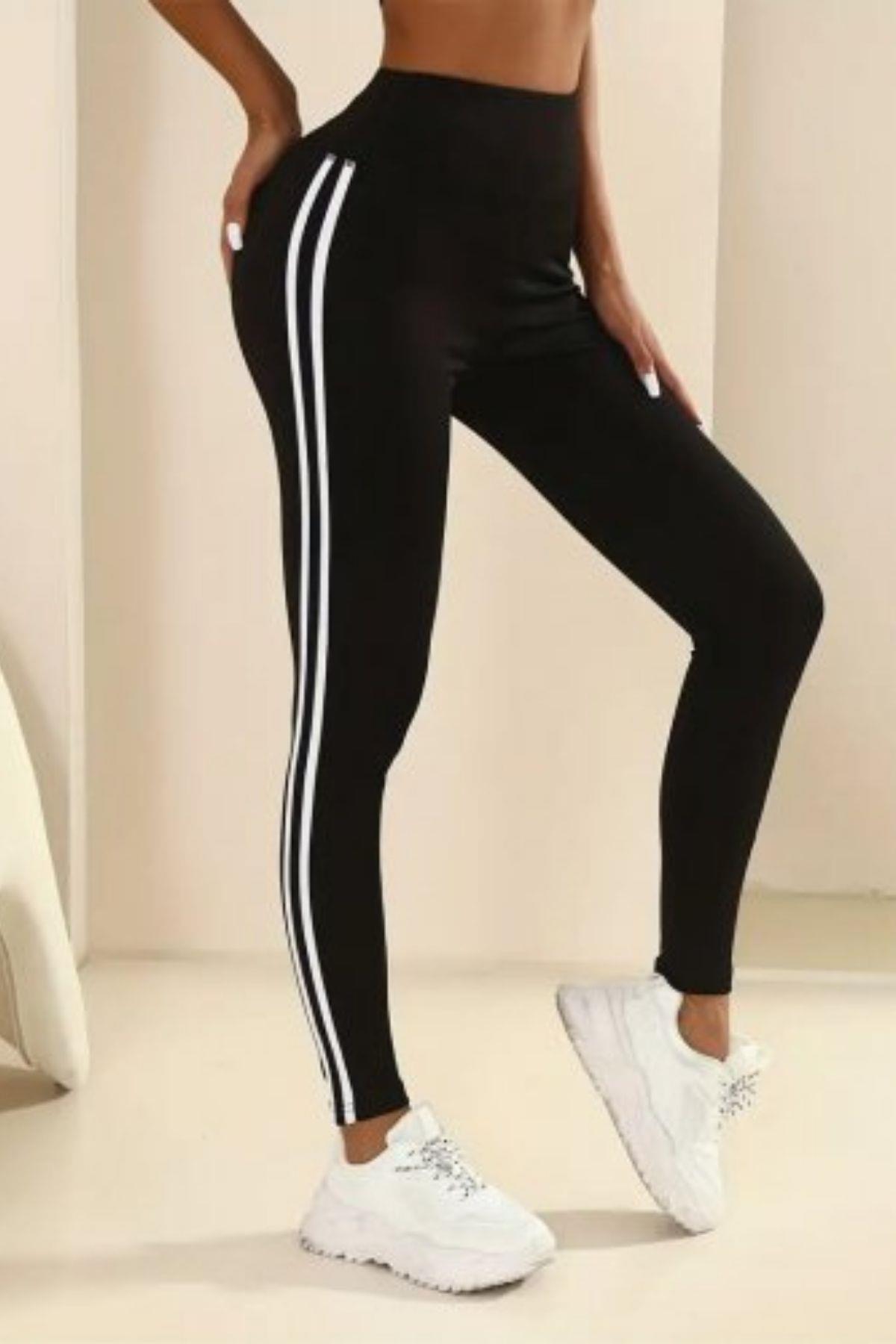 Yüksek Bel Şeritli Dalgıç Tayt Siyah