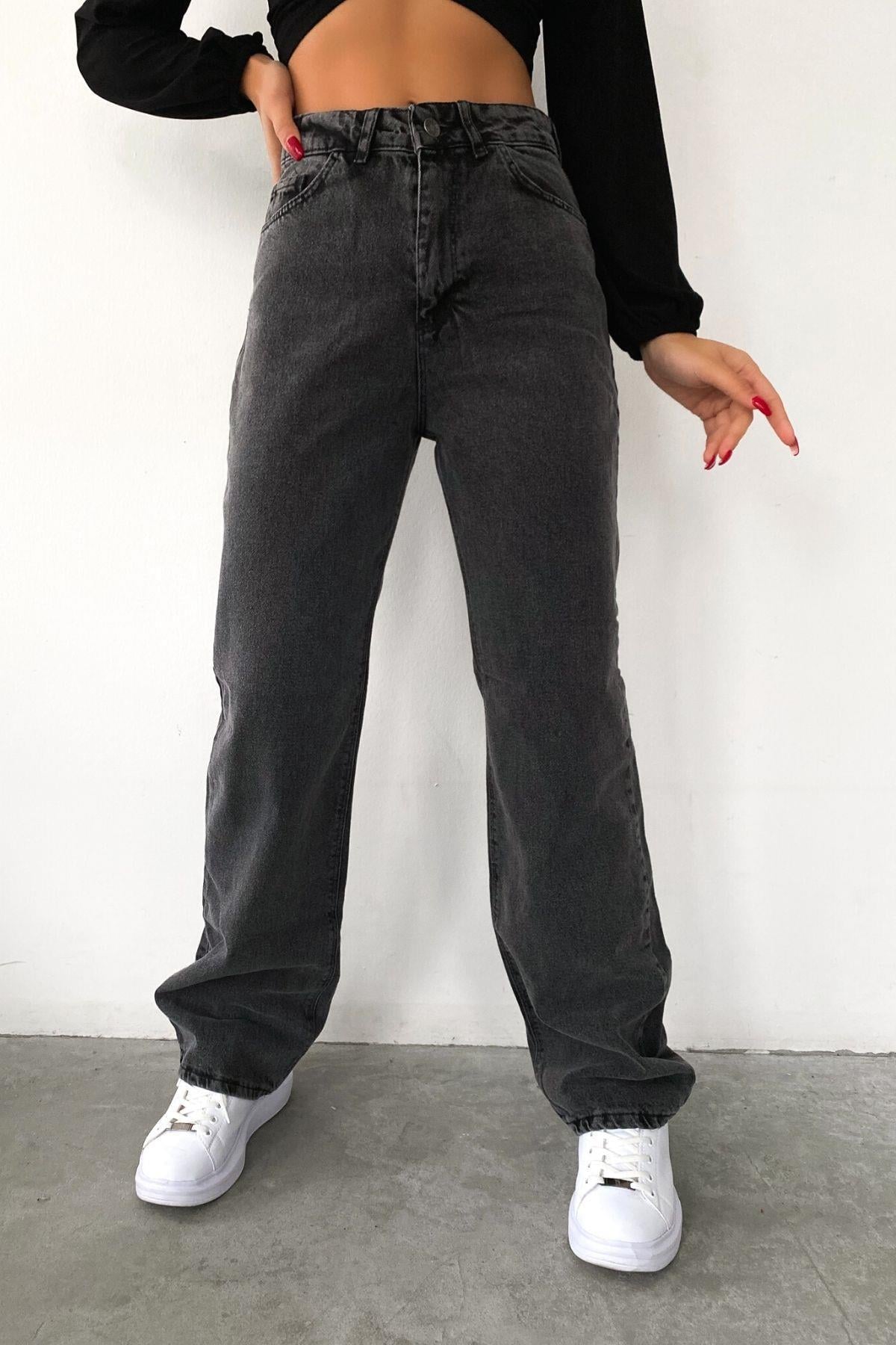 Yüksek Bel Wide Leg Jean Antrasit
