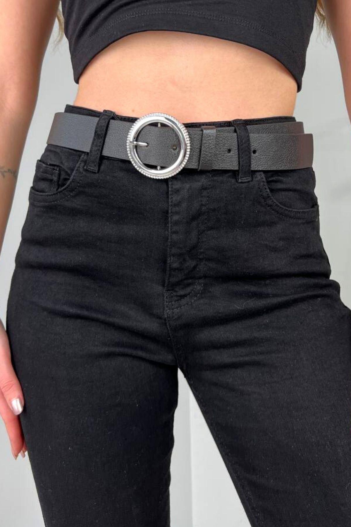 Yuvarlak Metal Tokalı Basic Kemer Siyah