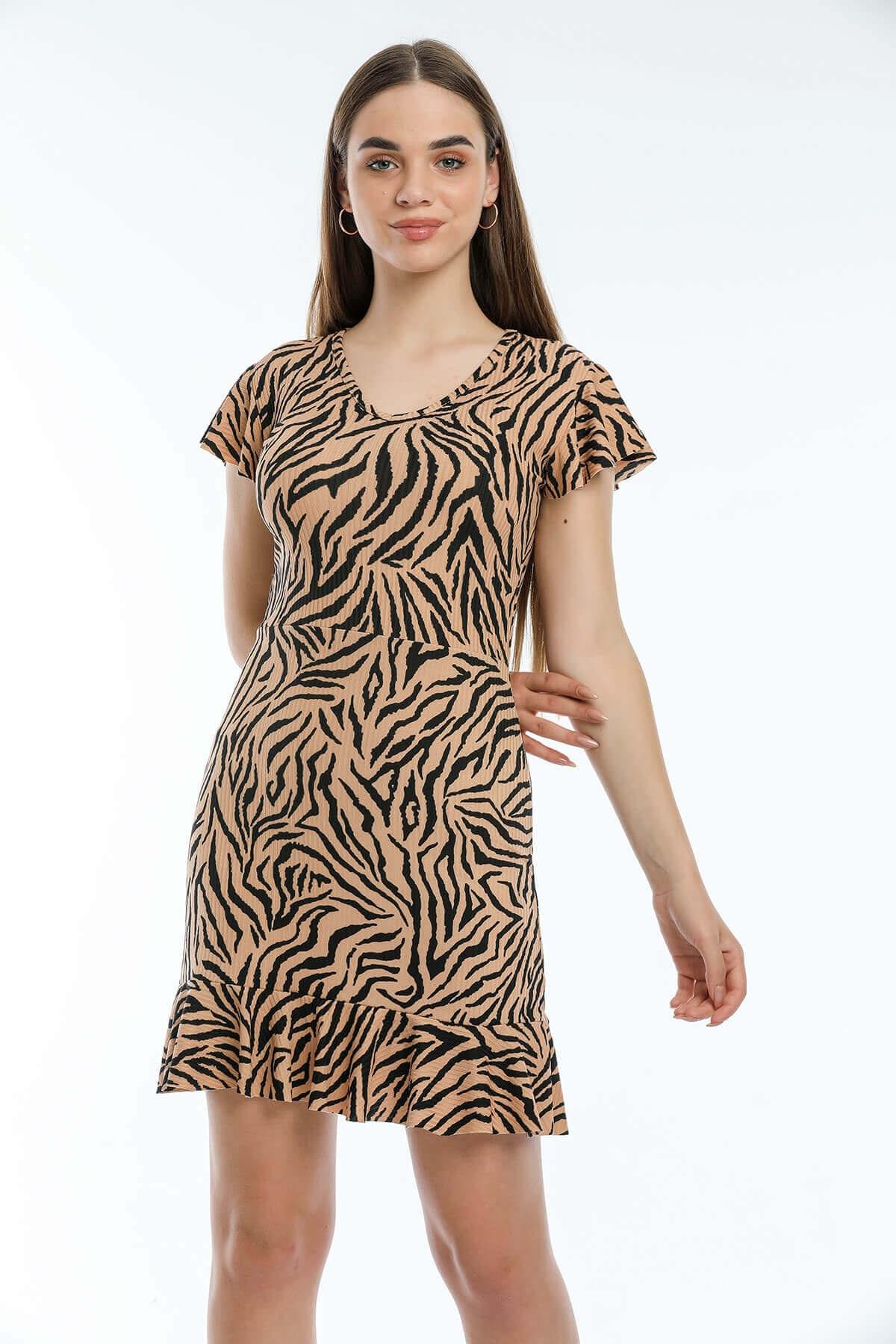 Zebra Desen Fırfırlı Elbise Vizon
