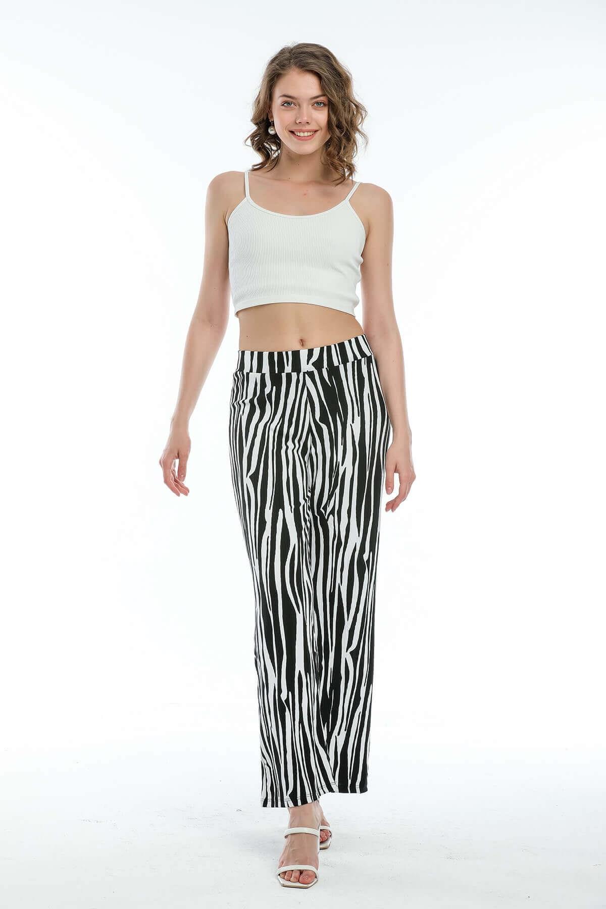 Zebra Desenli Bol Pantolon Beyaz