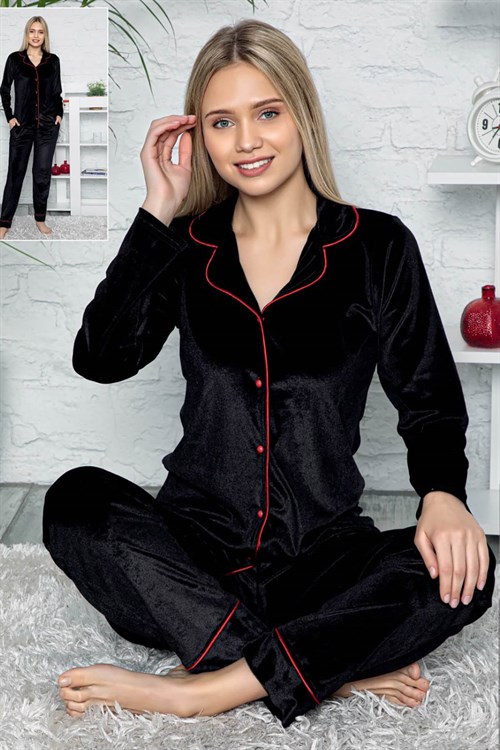 Kadife Düğmeli Pijama Takımı Siyah