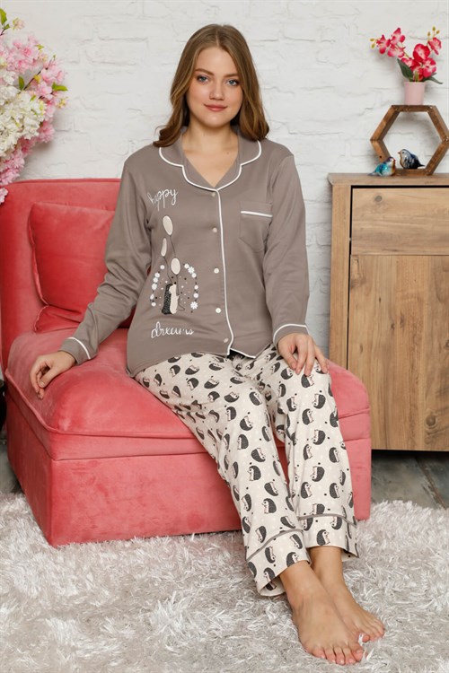 Kışlık Düğmeli Pijama Takımı Vizon