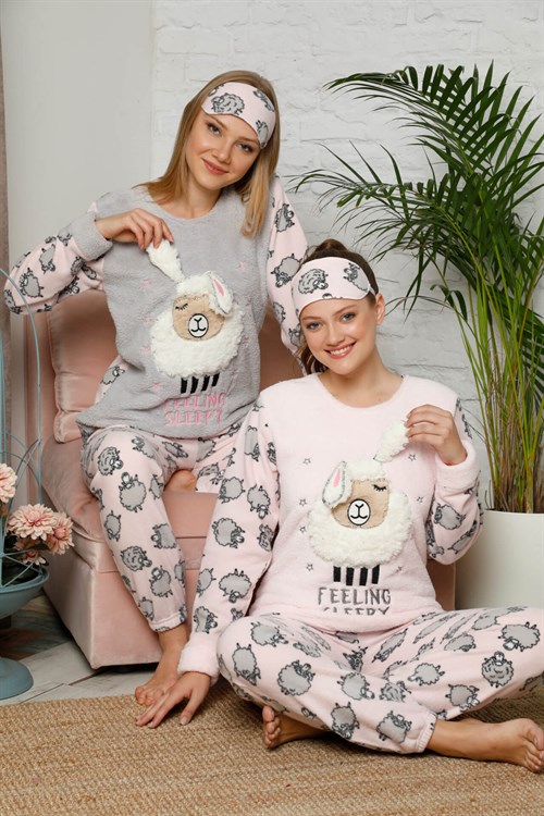 Kışlık Polar Kuzu Detaylı Pijama Takımı Pembe