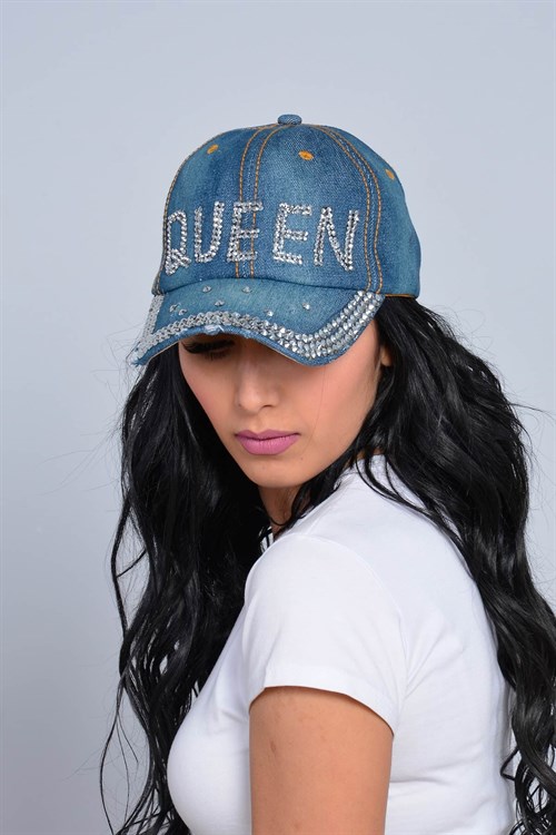 Queen Taşlı Kot Şapka Lacivert