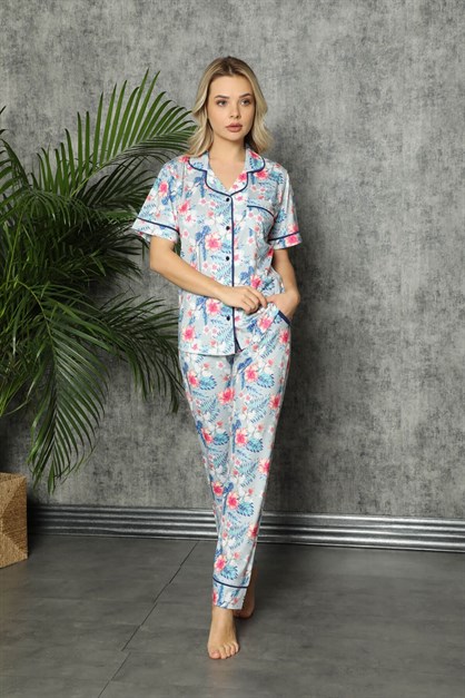 Çiçek Desenli Düğmeli Kısa Kol Pijama Takımı