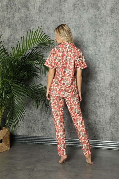 Çiçekli Düğmeli Kısa Kol Pijama Takımı