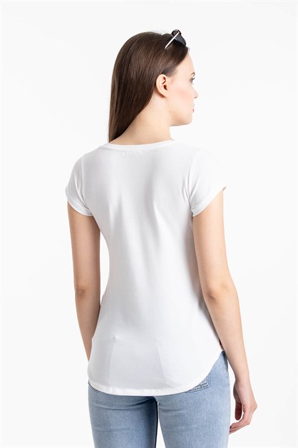 Çizgili Kadın T-Shirt Beyaz