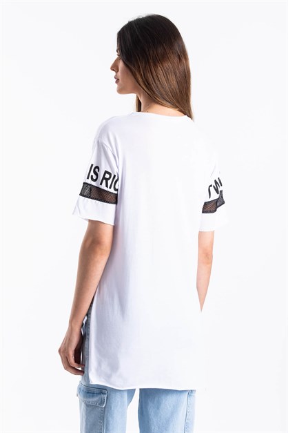 File Detaylı Uzun T-Shirt Beyaz