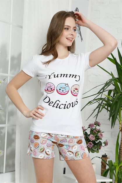 Kısa Kol Şortlu Pijama Takımı Beyaz