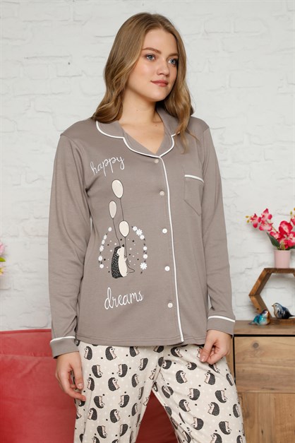 Kışlık Düğmeli Pijama Takımı Vizon