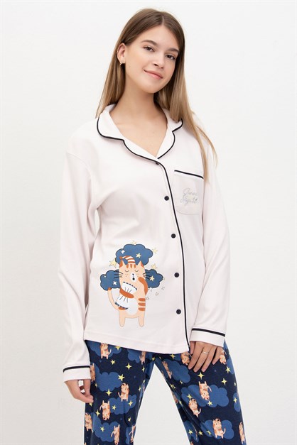 Kışlık Penye Pijama Takımı Lacivert