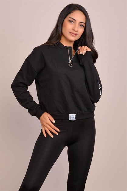 New York Fermuarlı Kadın Swearshirt Siyah