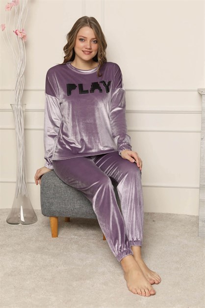 Play Likralı Kadife Pijama Takımı Lila